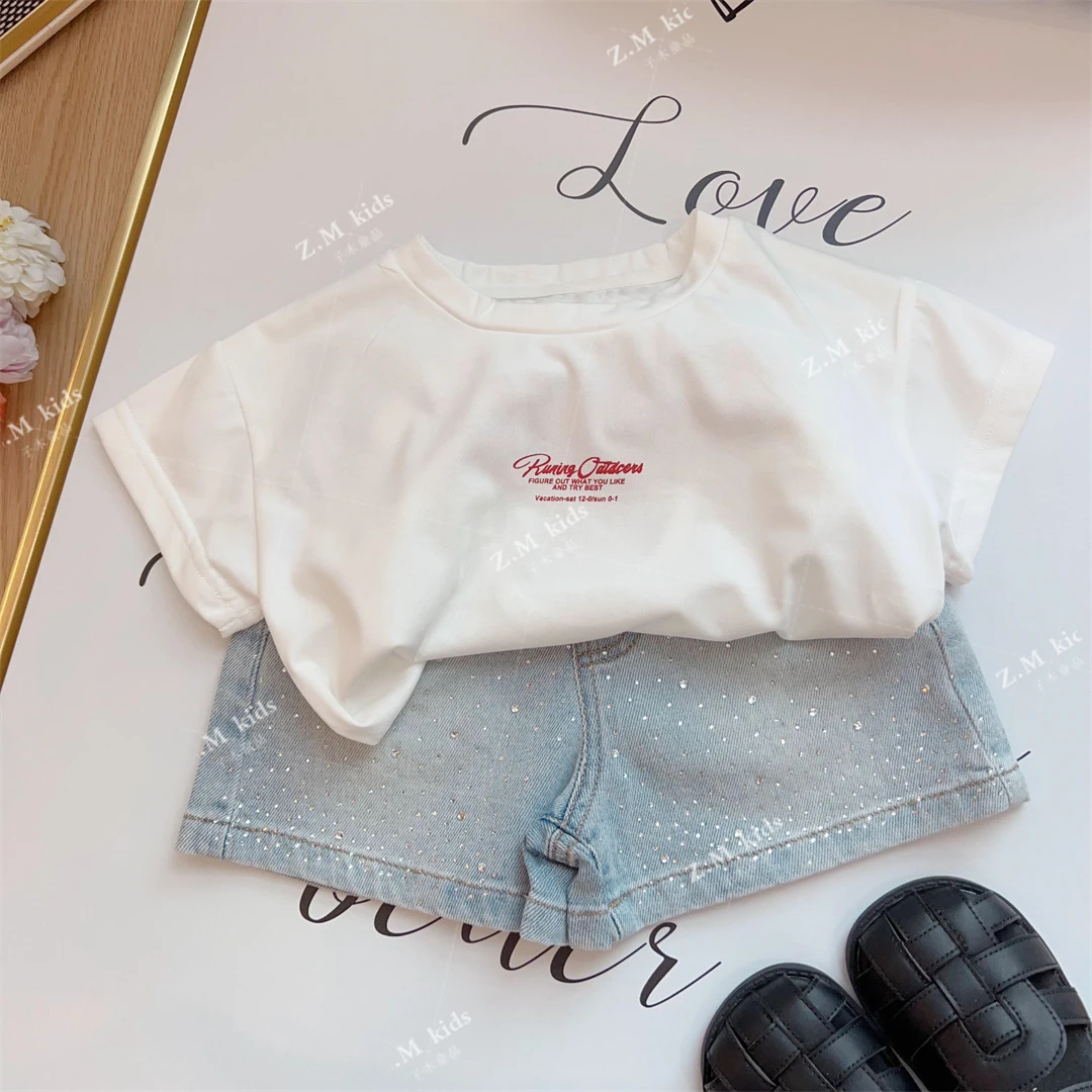 2024儿童印花字母后背镂空T恤 H-19391女童休闲短袖上衣