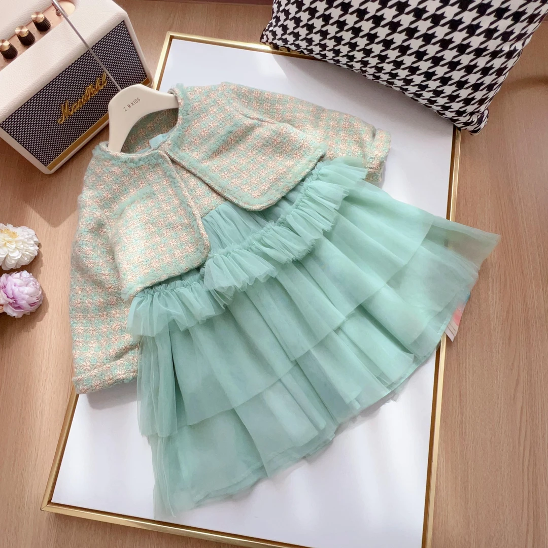 女童两件套秋季洋气韩版编织小香风网纱连衣裙套装H-196343