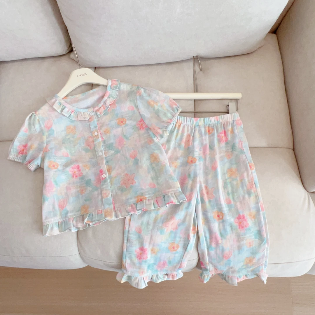 女童油画花朵晕染套装2024夏季凉快通勤两件套G-12386百搭洋气