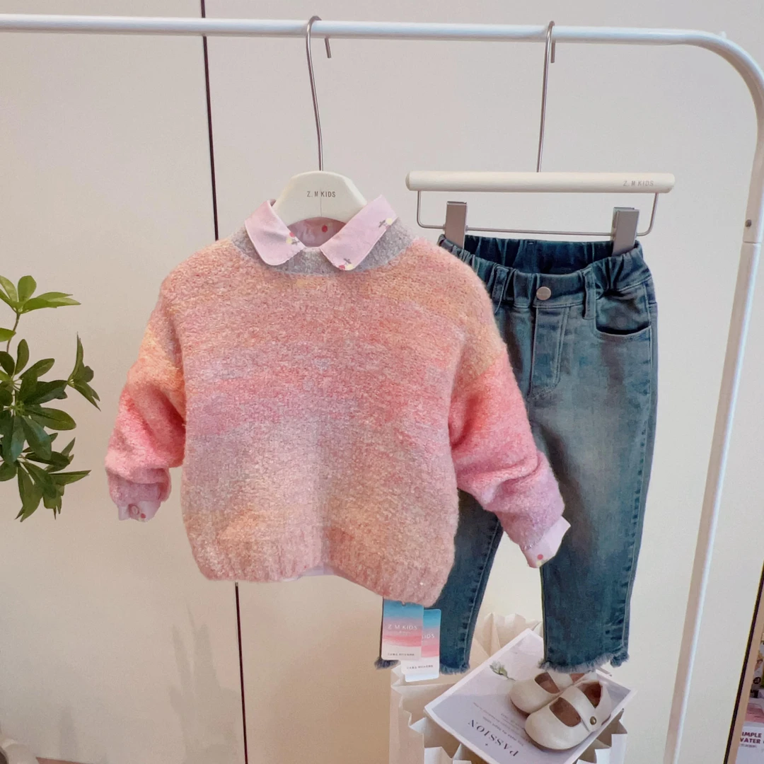 男女童针织上衣秋季韩版渐变色日出针织圆领套头毛衣H-196302