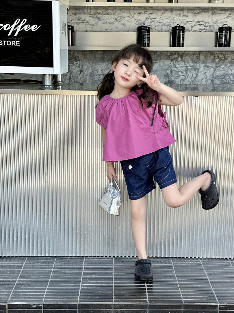 2024夏洋气韩版休闲上衣H-19368简约圆领短袖T恤宝宝夏季纯色