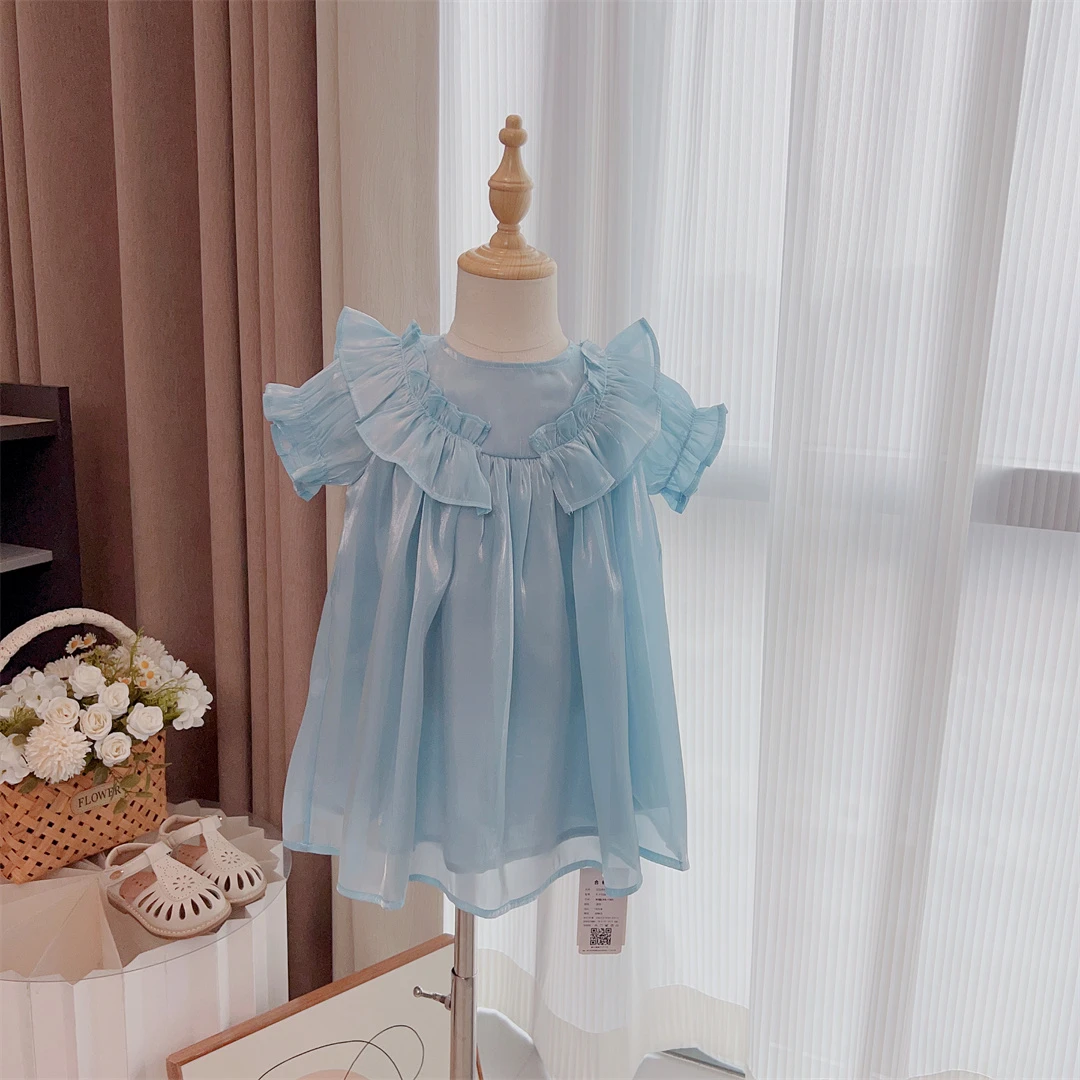 2023夏季花边拼接连衣裙P-71026女童蓝色短袖公主裙洋气