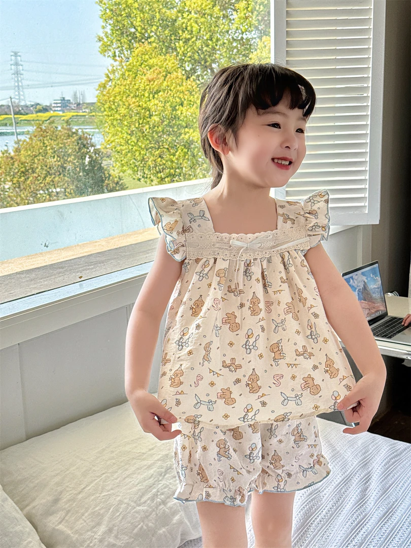 2024夏季女童甜美满印卡通套装G-12227女宝甜美居家休闲韩版