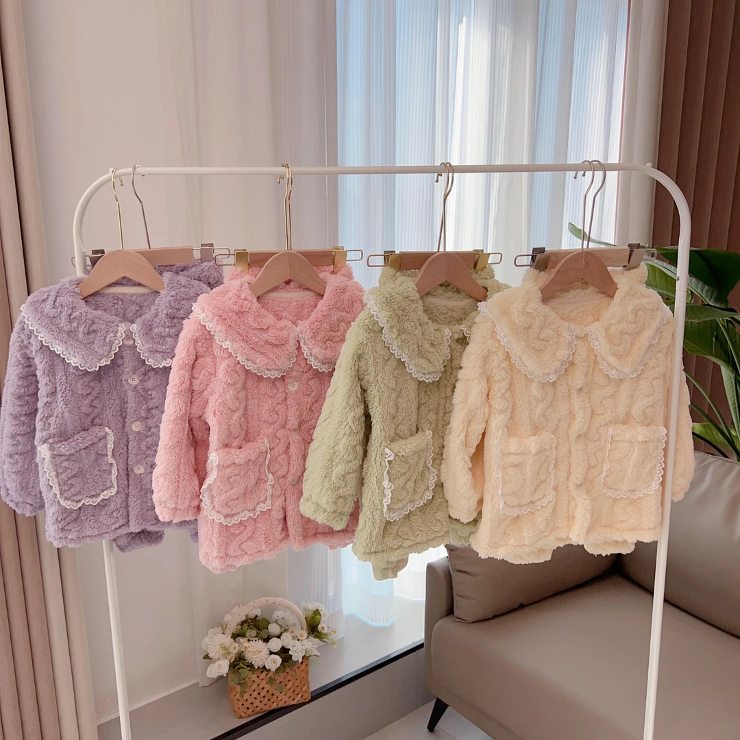 2023女童蕾丝边麻花纯色睡衣套装S-376020女宝宝套装居家服两件套
