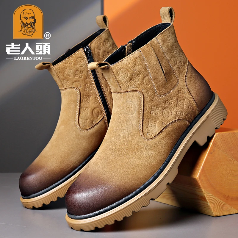 老人头皮鞋男士时尚高帮大头皮鞋秋冬新款牛皮马丁靴英伦切尔西鞋