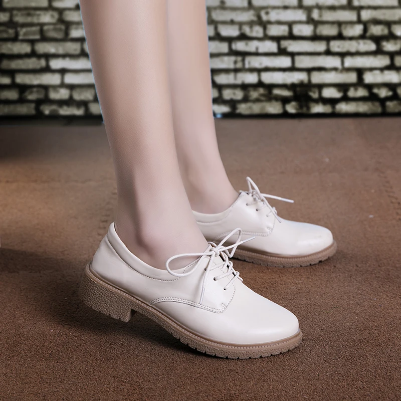 英伦学院风复古小皮鞋女时尚春秋季牛皮休闲粗跟系带中跟单鞋