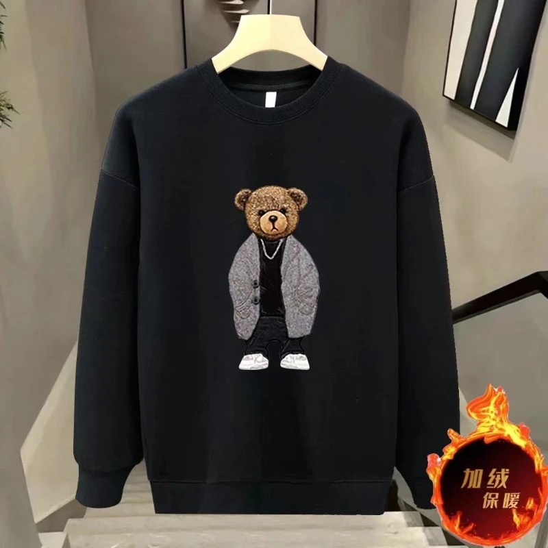 小熊印花无帽卫衣男春秋款潮牌圆领宽松长袖T恤2024加绒高街外套