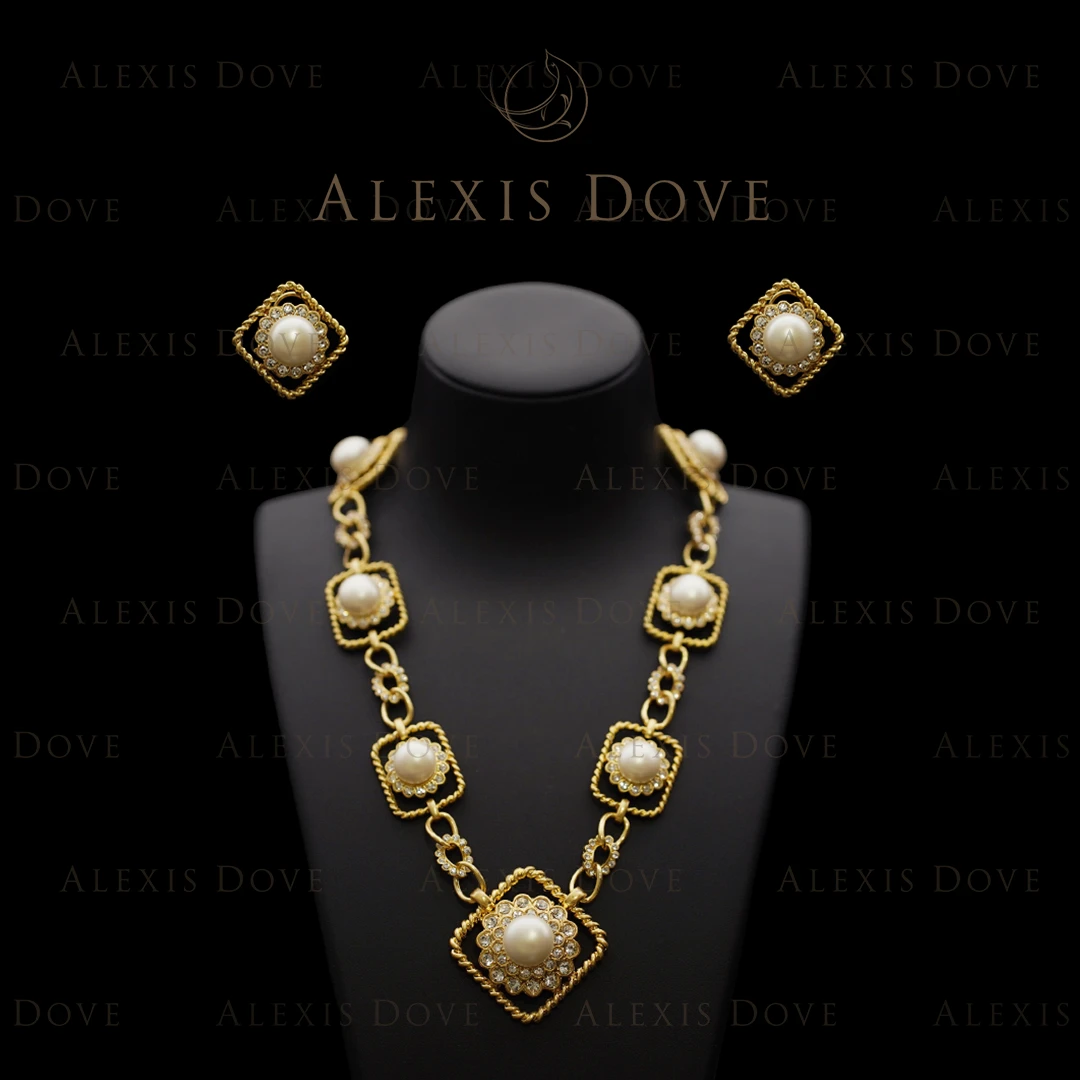 合金合成锆石项链 珠华旧梦系列法式设计感镶嵌几何形白月光套装』