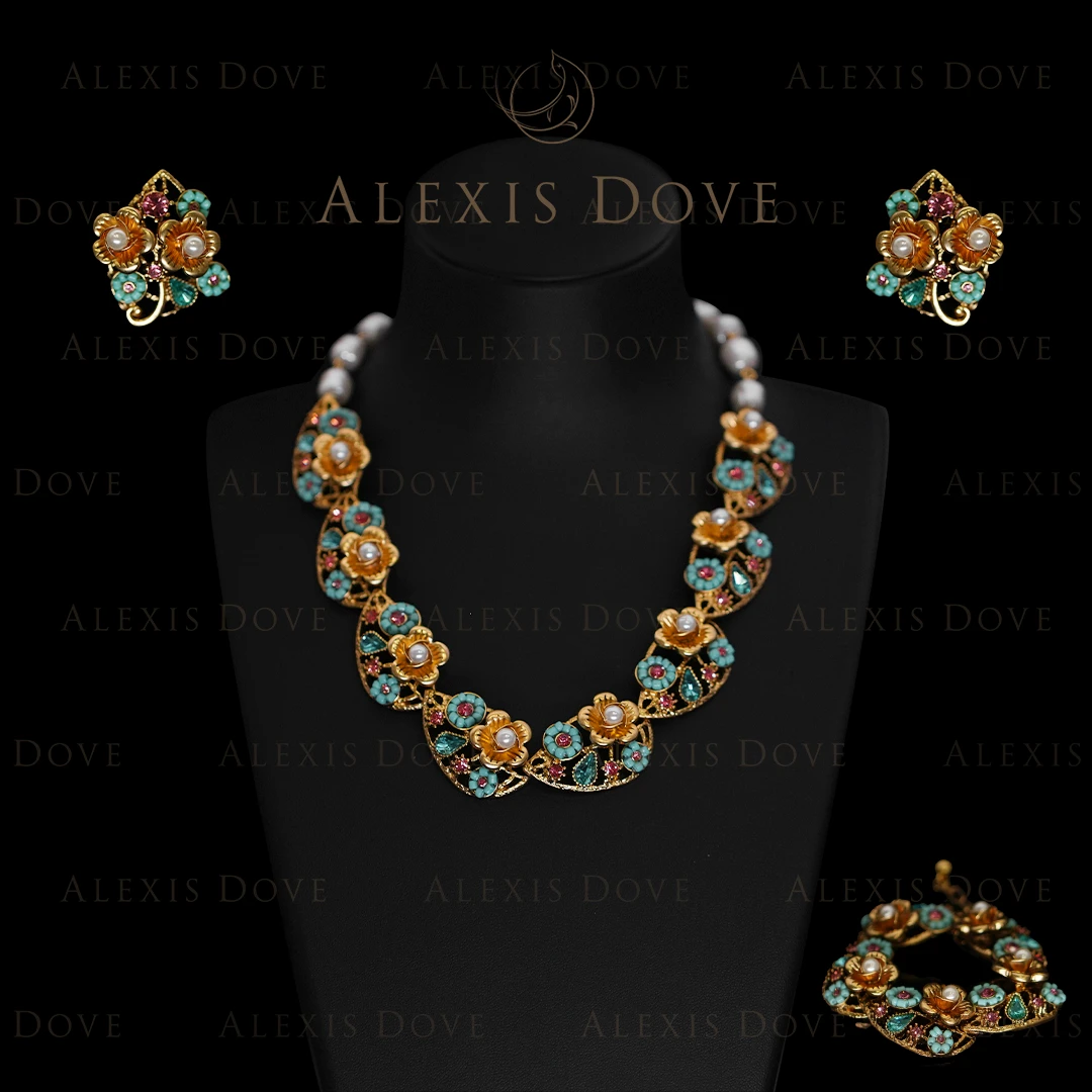 合金合成锆石耳饰 中式百搭宫廷风设计感一路繁花套装N