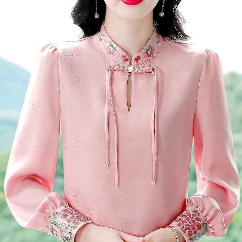 2025春季高端国风雪纺衬衫女长袖减龄百搭中式上衣衬衣刺绣小衫女