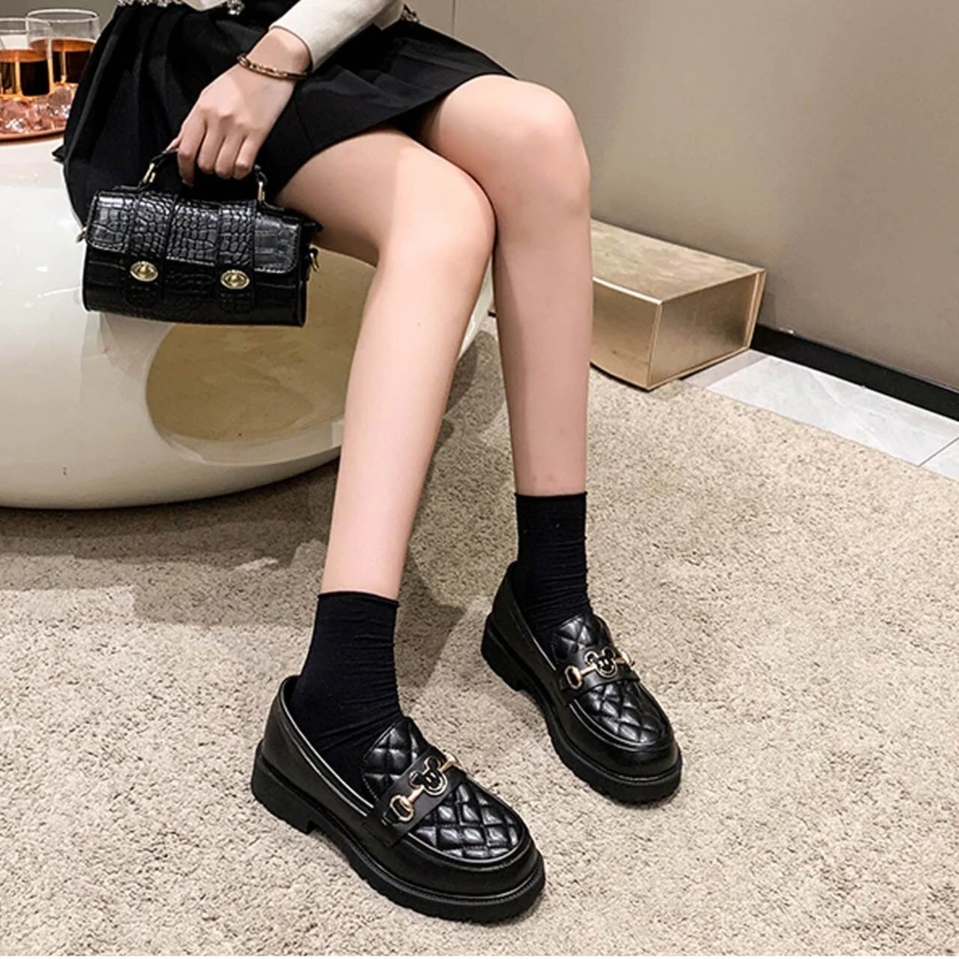 女士春秋全皮面百搭休闲时尚英伦风甜美舒适防滑厚底圆头乐福鞋jk