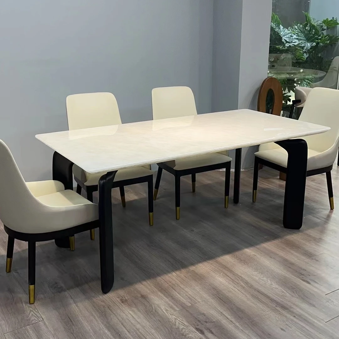 纯天然奢石大冰玉餐桌别墅轻奢家用长方形吃饭桌客厅简约大理石桌