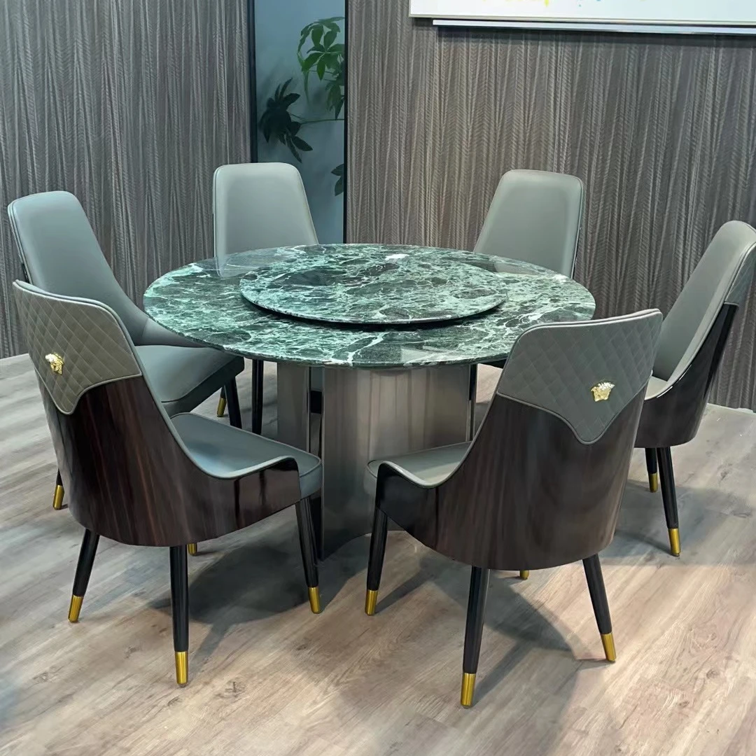 普拉达绿纯天然奢石餐桌大理石别墅家用带转盘旋转圆桌轻奢简约桌
