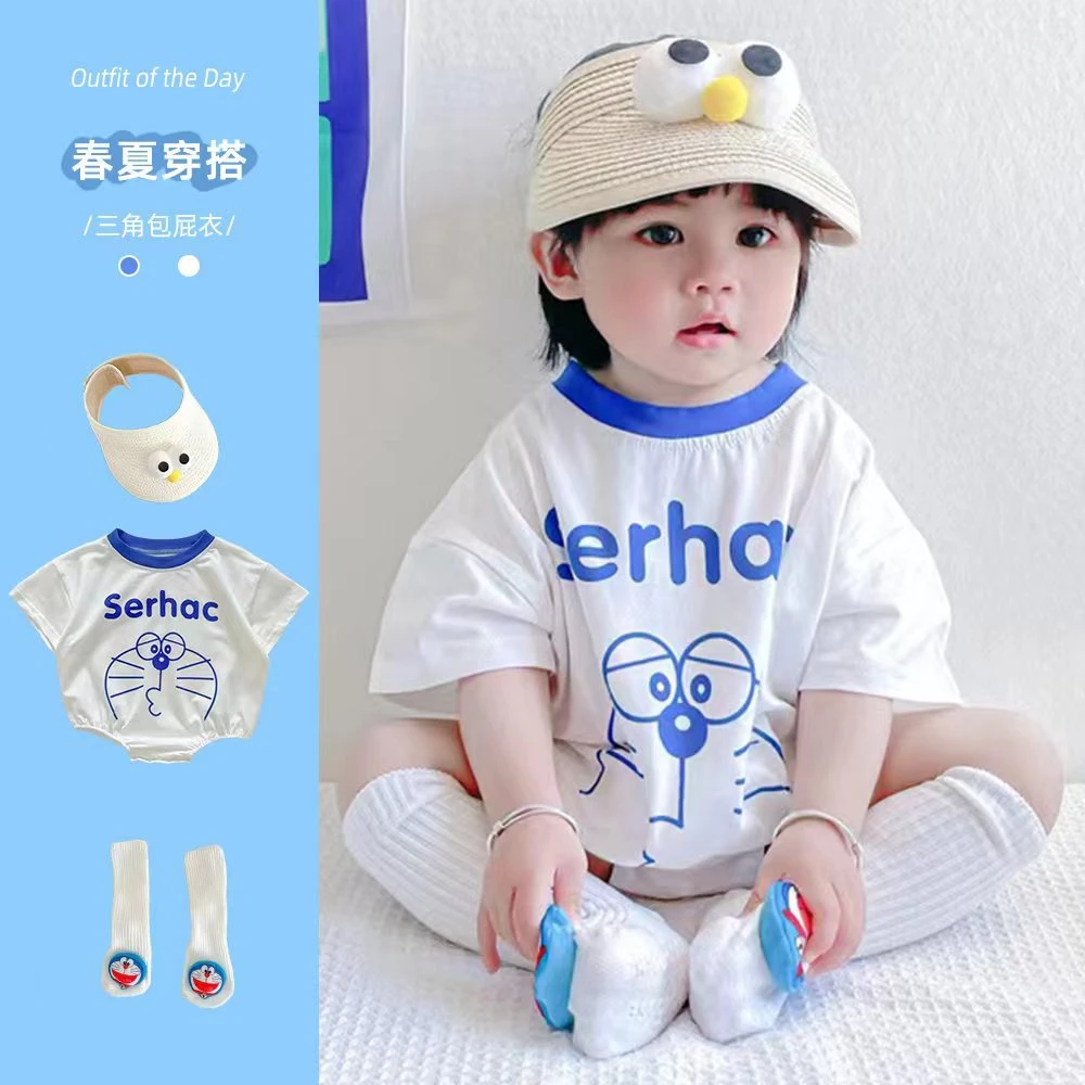 如愿】女童夏季套装薄款宝宝婴儿短袖三角卡通蓝胖包屁衣柔软哈衣