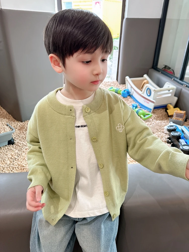 中大童纯色开衫春秋男童圆领针织衫洋气休闲2025毛衣外套韩版潮
