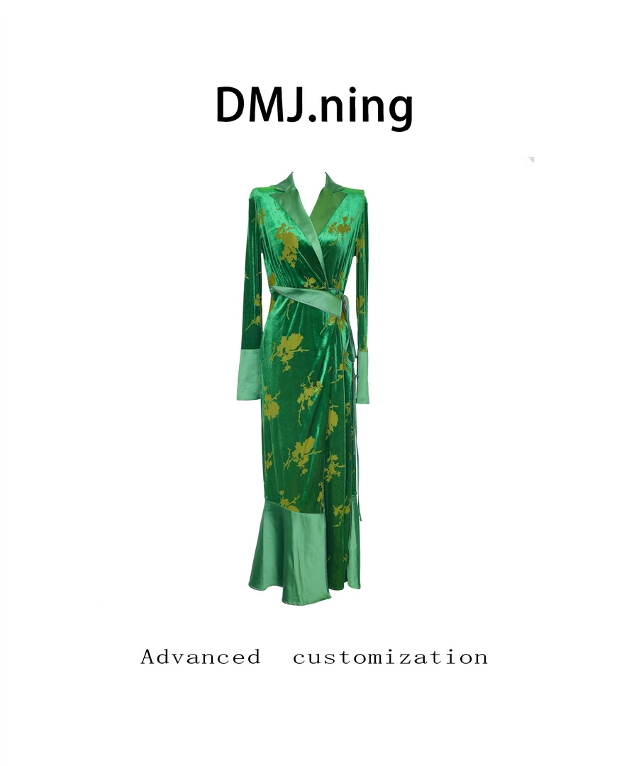 DMJ.柠柠【绿野仙踪】新中式女长袖时尚烧花丝绒修身复古原创连衣裙