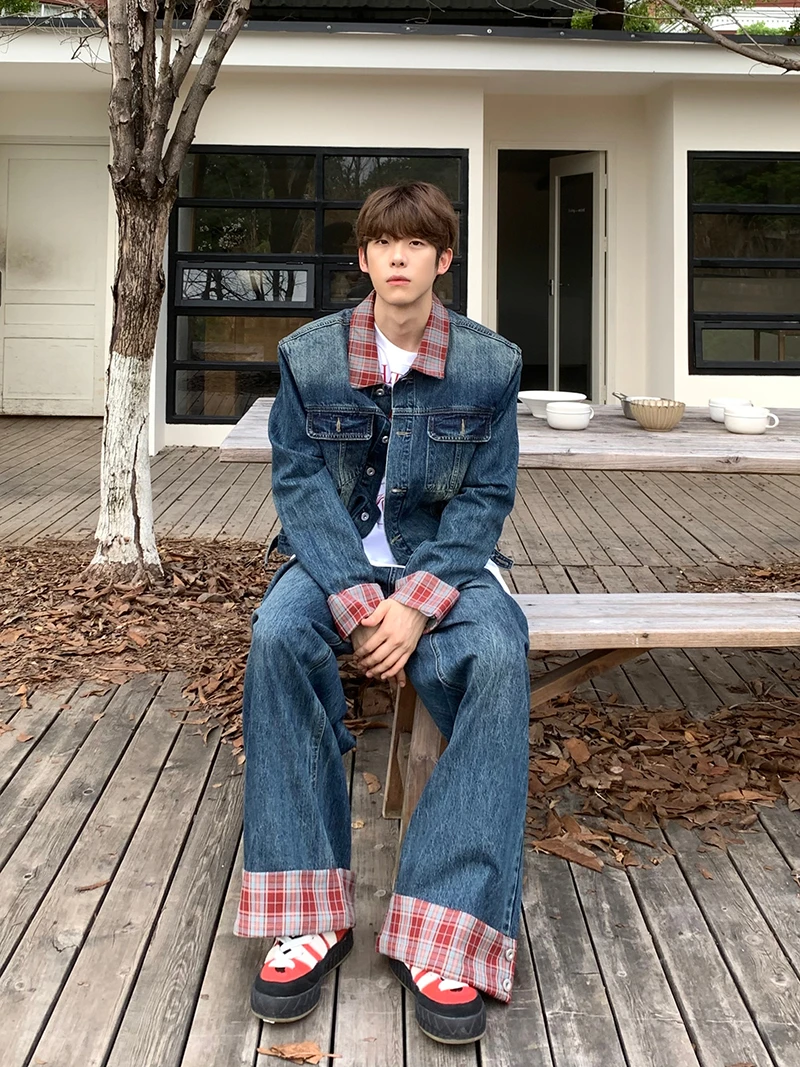 AP MMDD韩系型男痞帅ins风美式复古格仔拼接套装牛仔男女cleanfit