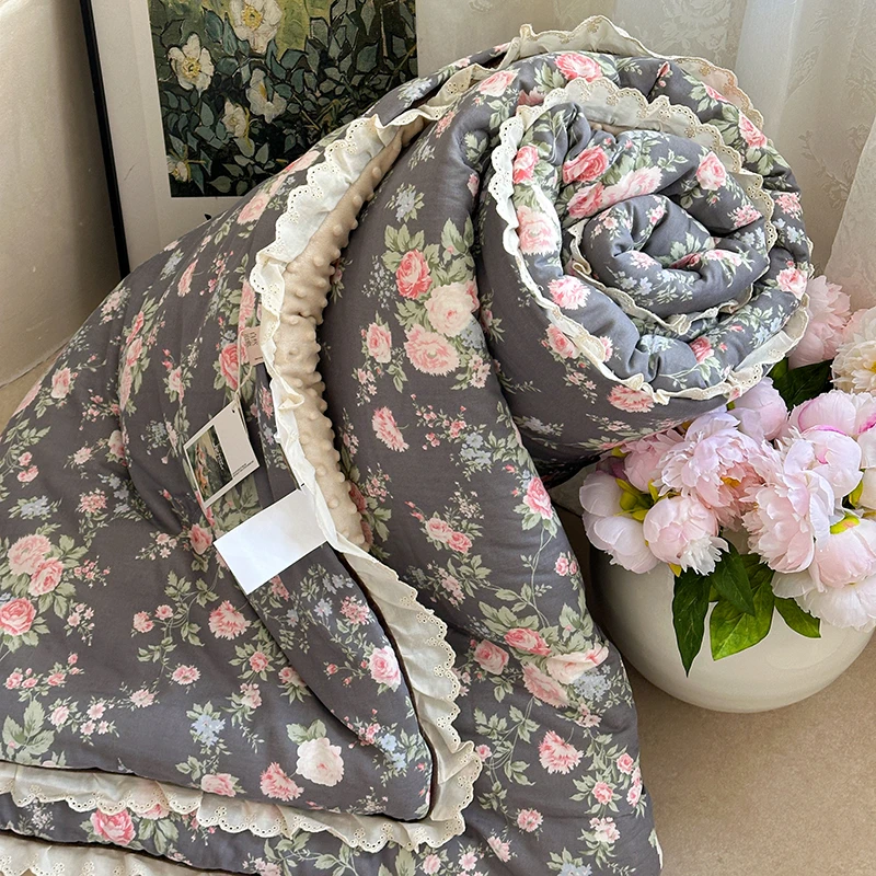 法式碎花全棉双层纱大人高级豆豆被2024新款冬季纯棉花边春秋被紫