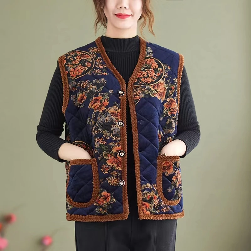 新款加绒加厚面花马甲开衫妈妈装有口袋马甲女