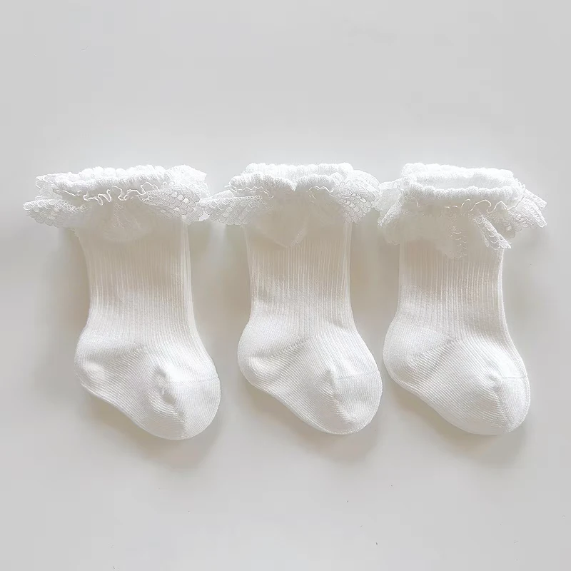 新生儿女宝蕾丝花边公主袜春秋棉袜婴幼儿宝宝中筒白色小腿袜0-3