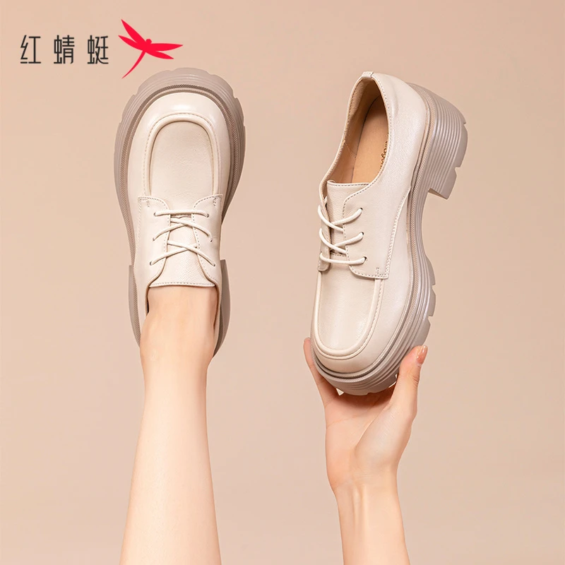 红蜻蜓厚底乐福鞋2023春秋新款小个子粗跟女鞋百搭英伦系带小皮鞋