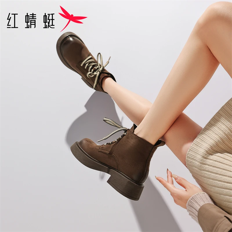 红蜻蜓2024秋冬新款学院风增高时尚马丁短靴女厚底百搭潮流弹力靴