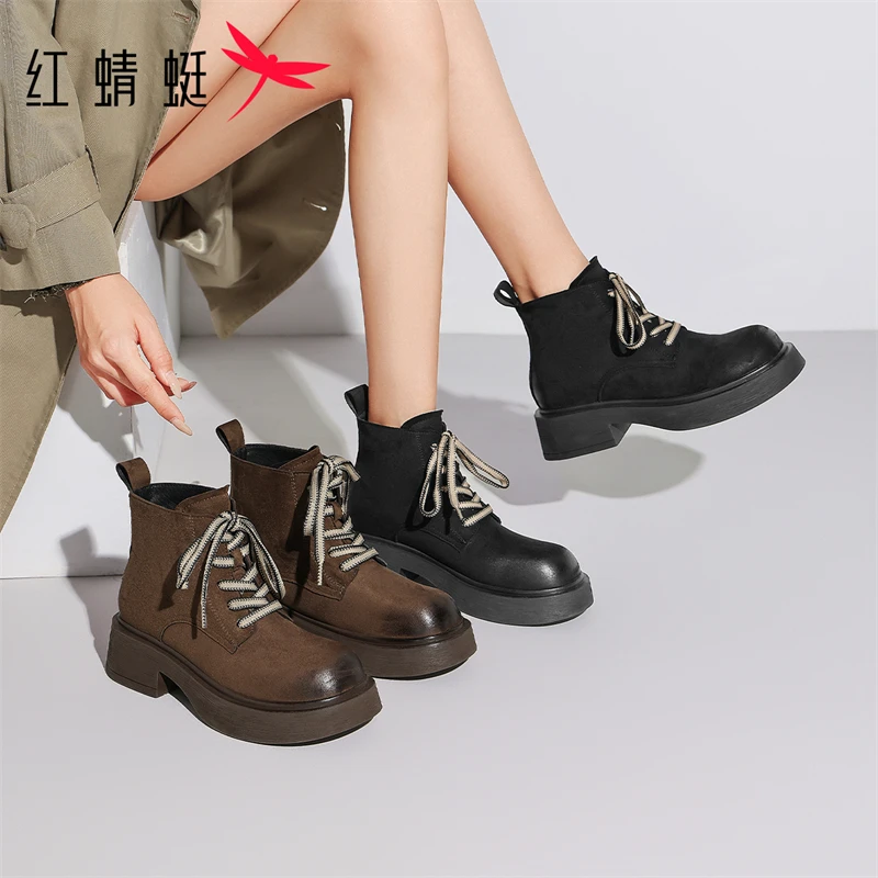 红蜻蜓辣妹短靴女士2024秋冬新款圆头厚底马丁靴女弹力瘦瘦骑士靴