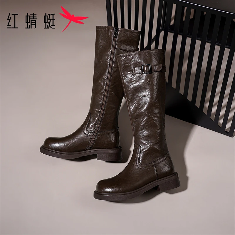 红蜻蜓棉靴女款2024秋款骑士靴长筒美拉德加绒冬季高筒时装靴