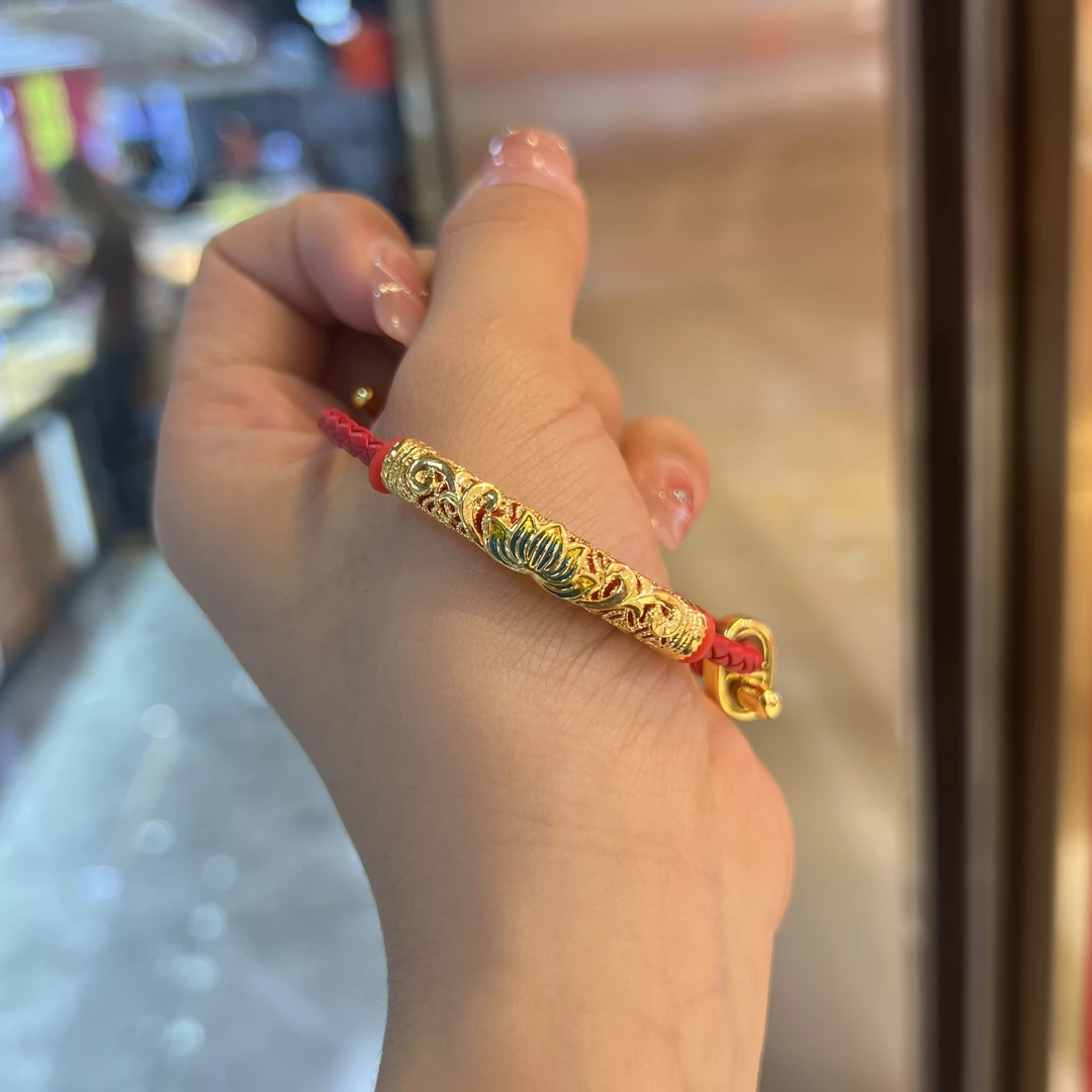 小欢哥 足金999纯金莲花绿色弯管手绳（送皮绳）