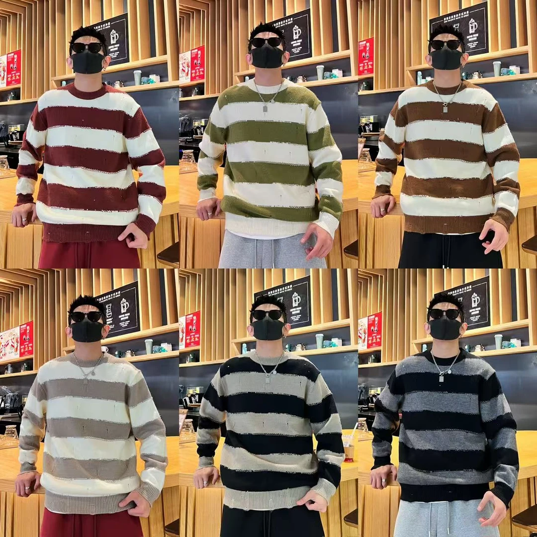 小众不规则虚线撞色条纹破洞设计情侣秋冬季保暖时尚针织衫毛衣