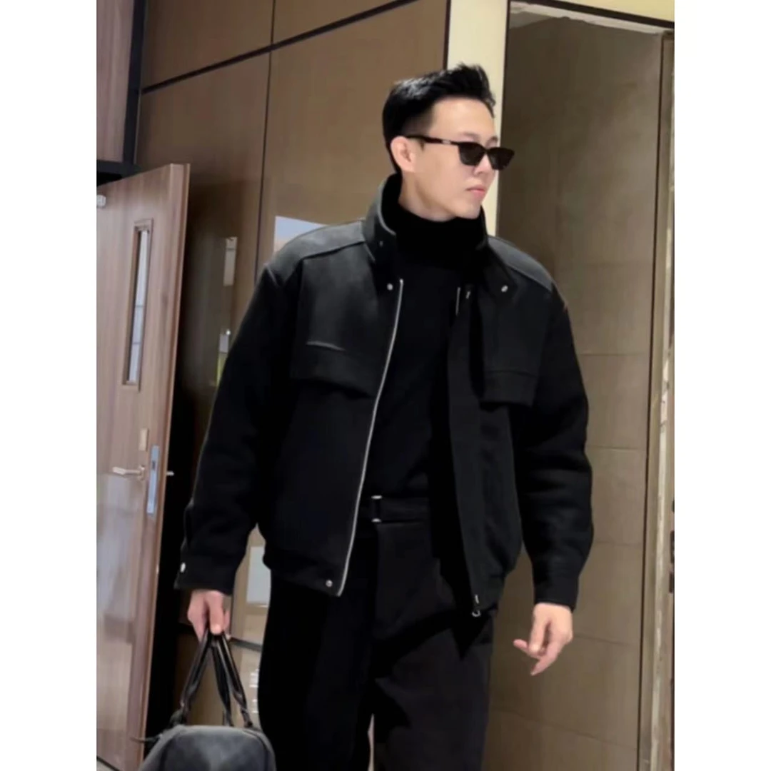 秋冬新款黑色加棉上衣时尚休闲风纯色百搭男棉服立领款外套轻奢