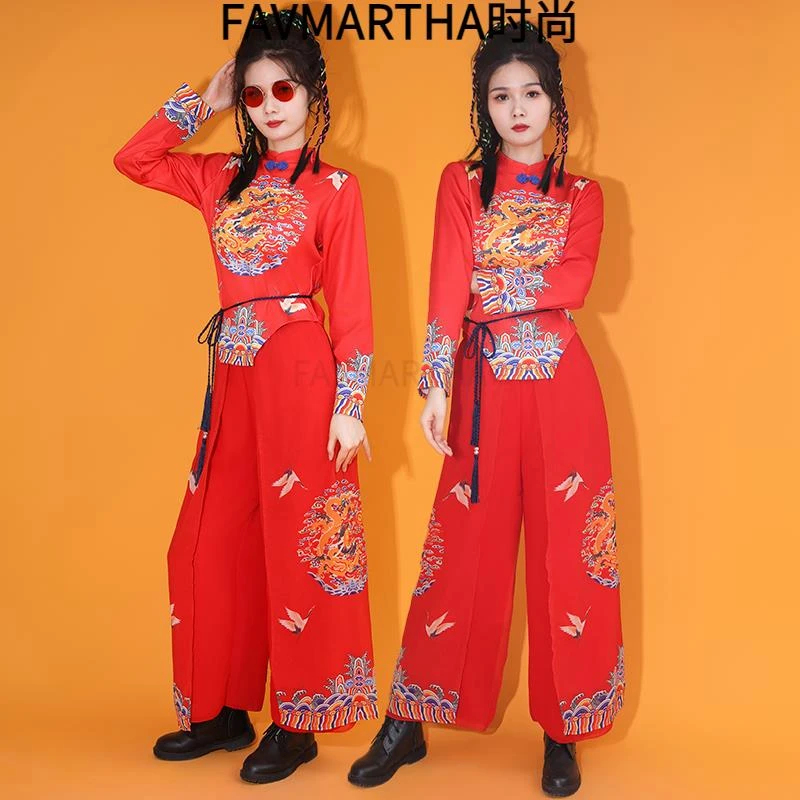 中国风打鼓服成人舞蹈服秧歌服装国潮扇子舞新款演出服红色表演服