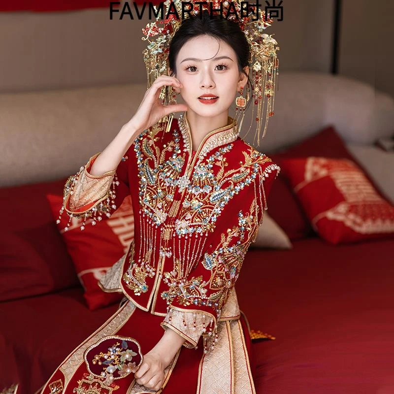 秀禾服新娘2024新款夏季结婚中式高端丝绒龙凤褂高级显瘦重工婚服