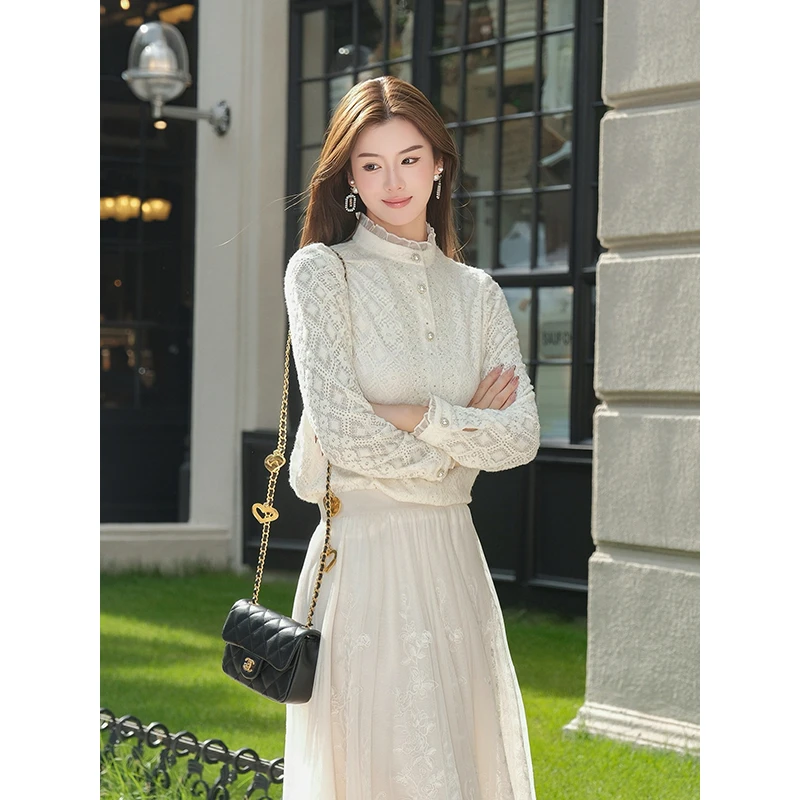 珂莱蒂尔秋冬新款气质打底长袖衬衫蕾丝衬衣小衫女士KD04337D1