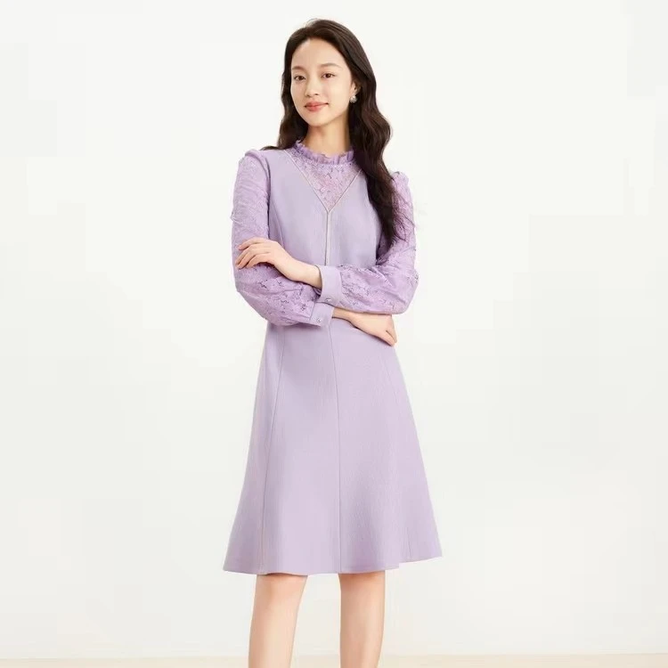 珂莱蒂尔秋冬新款通勤圆领木耳边羊毛过膝连衣裙KF10033Q1