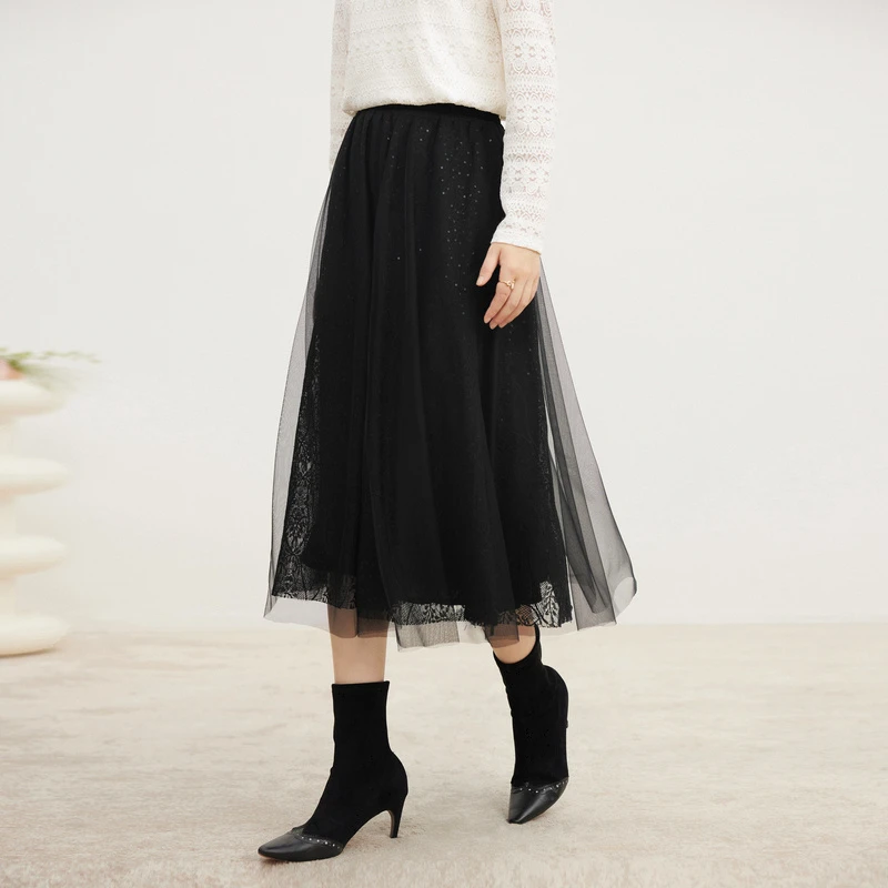 珂莱蒂尔遮肉显瘦网纱半身裙时尚黑色中长款KW02987W0