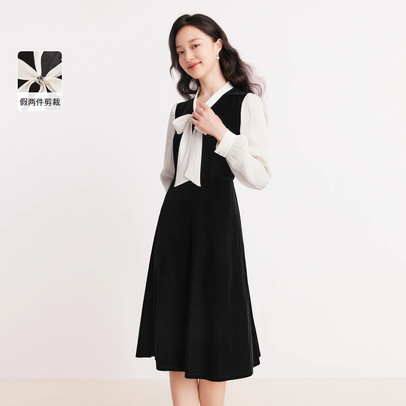 珂莱蒂尔 新款拼接千金玛德琳显瘦优雅高级清冷干净女装KF11031W0