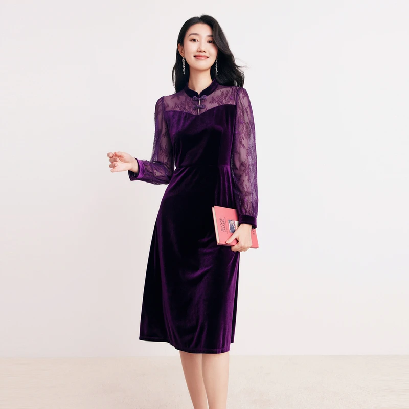 珂莱蒂尔丝绒拼接社交礼仪通勤时尚显瘦百搭连衣裙KU00093R8