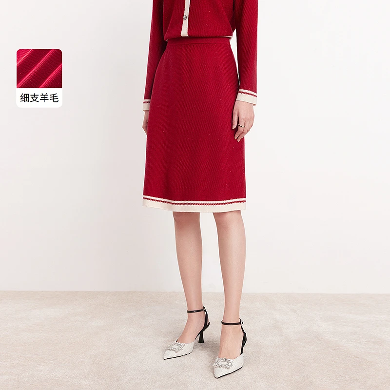 Koradior/珂莱蒂尔24年新款时尚气质秋冬修身撞色简约款优雅半裙