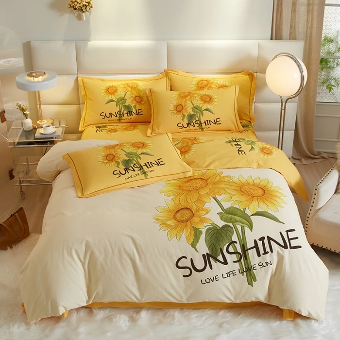 全棉加厚斜纹床单四件套纯棉大板印花四季款柔软 暖冬洋溢向日葵1