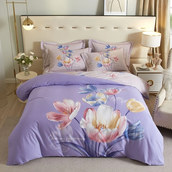 慕诗蕾 全棉四件套浪漫紫色纯棉斜纹印花四季款加大床单【惜花吟】