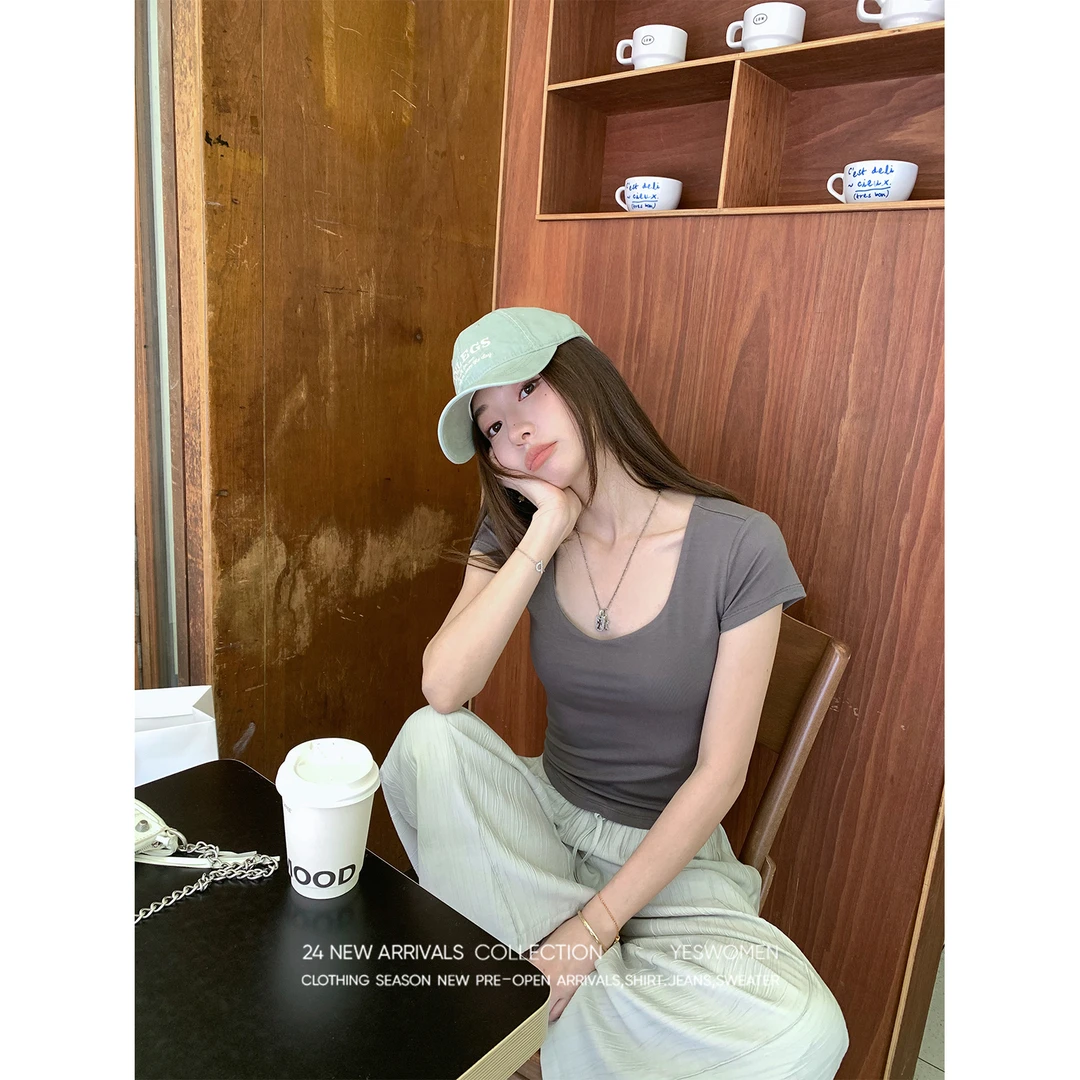 YESWOMEN带bra短袖t恤上衣u领正肩短款 XYF2144B3138