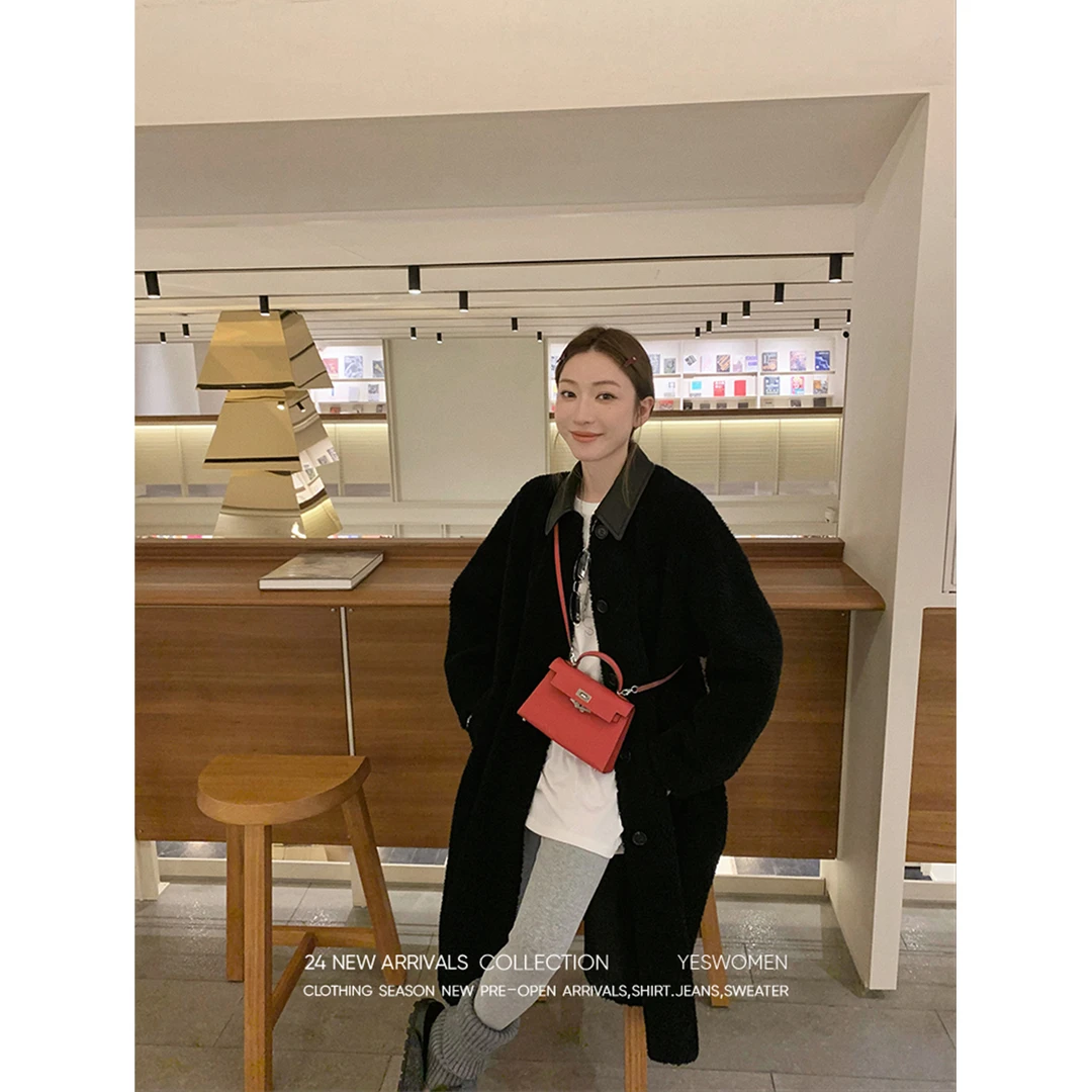YESWOMEN暮色暖冬·純咩毛拼皮领长&短版本 宽松外套XY00411A4042