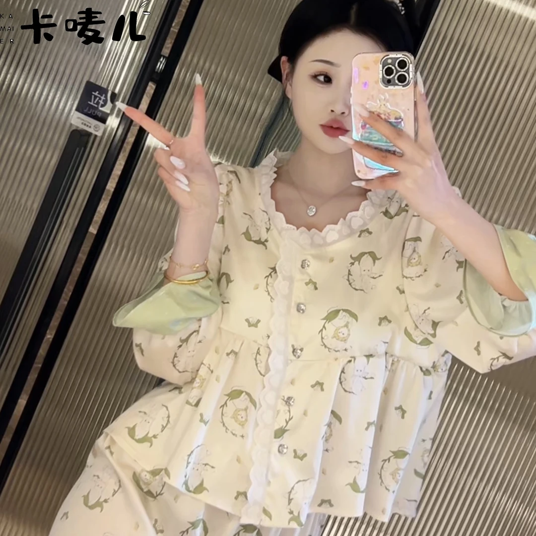 带胸垫睡衣女款爆款2025新款宽松透气春秋季可外穿女士家居服套装