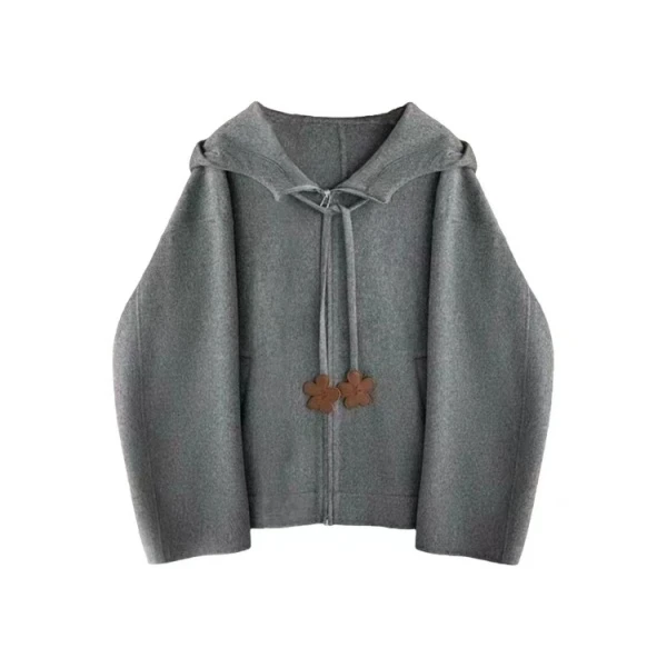 【羊毛花朵】2024冬季新款时尚宽松休闲连帽双面呢外套Y7666