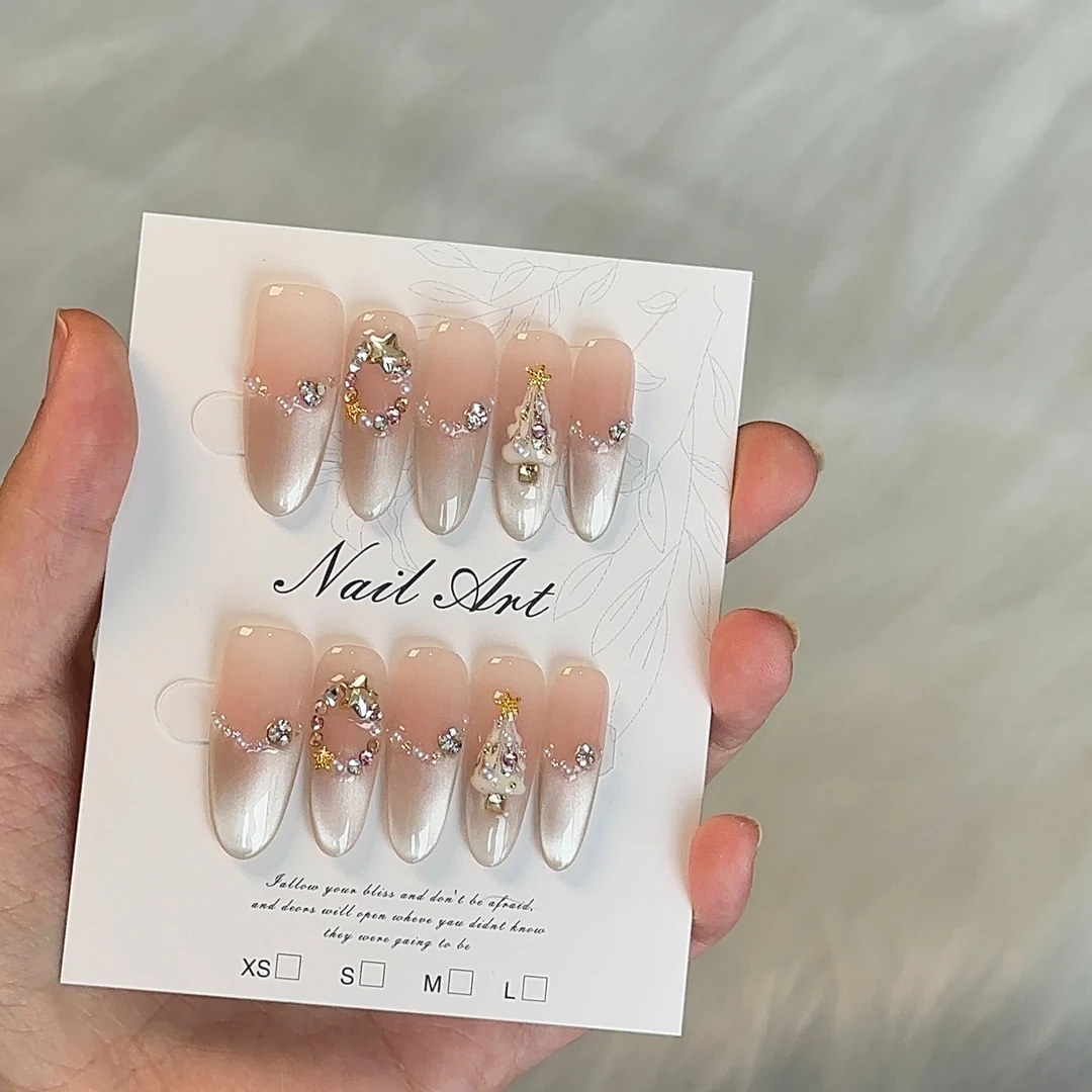 【平安夜】新款冰透纯欲圣诞猫眼纯手工穿戴甲