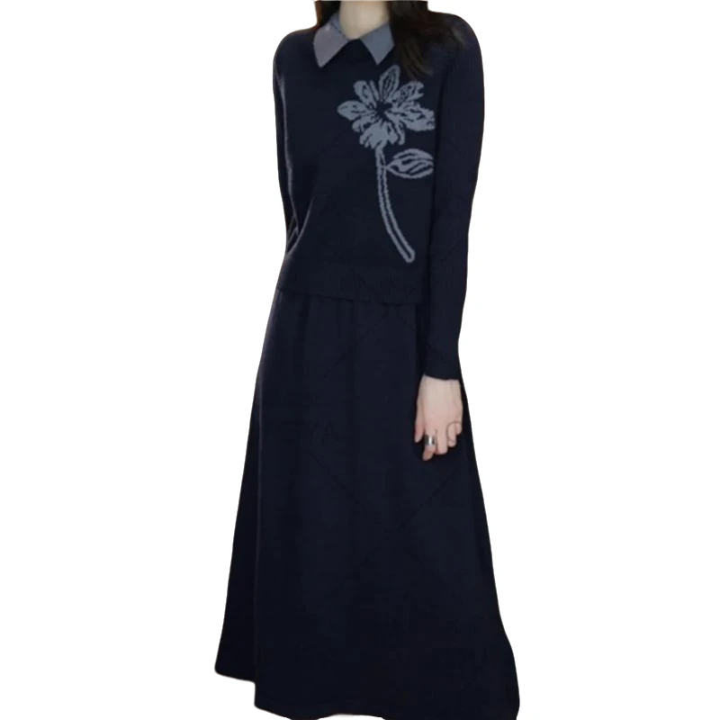 欧菲雅针织毛衣马甲连衣裙两件套套装裙女士秋冬新款中长减龄洋气