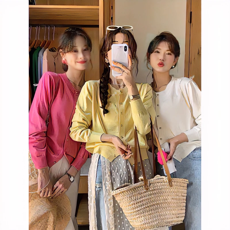 2024春季多巴胺穿搭单排扣气质短款长袖针织开衫毛衣女薄外套百搭