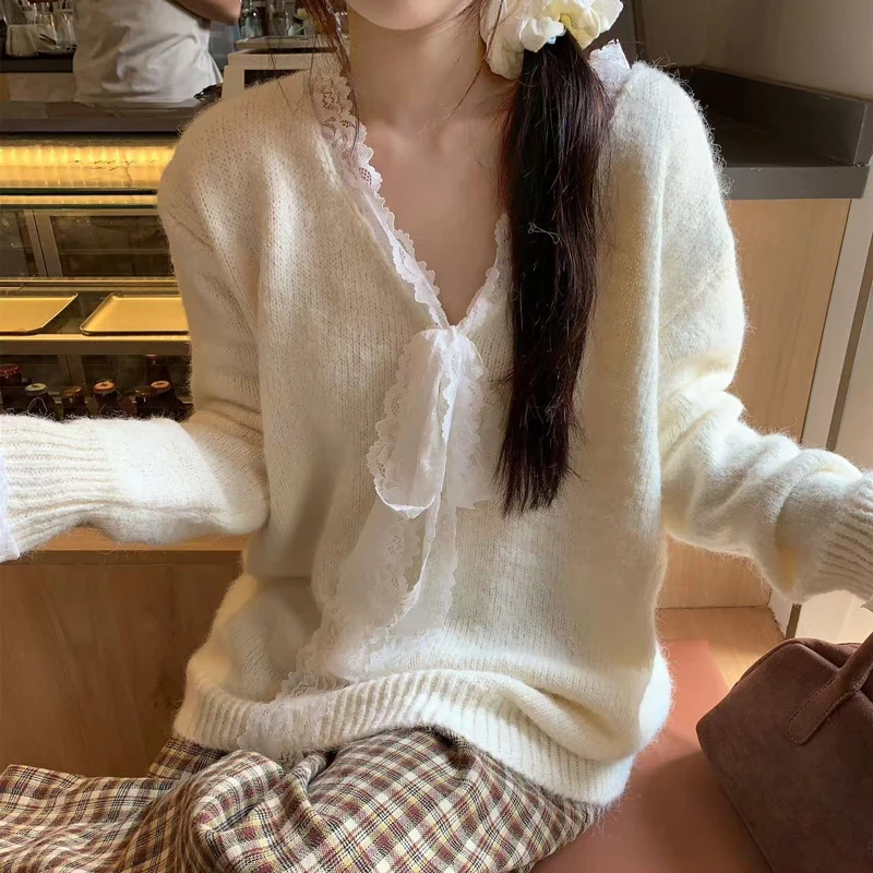 【薇哥单日破价】新品秋冬百搭蕾丝蝴蝶结宽松毛衣系带针织衫上衣女