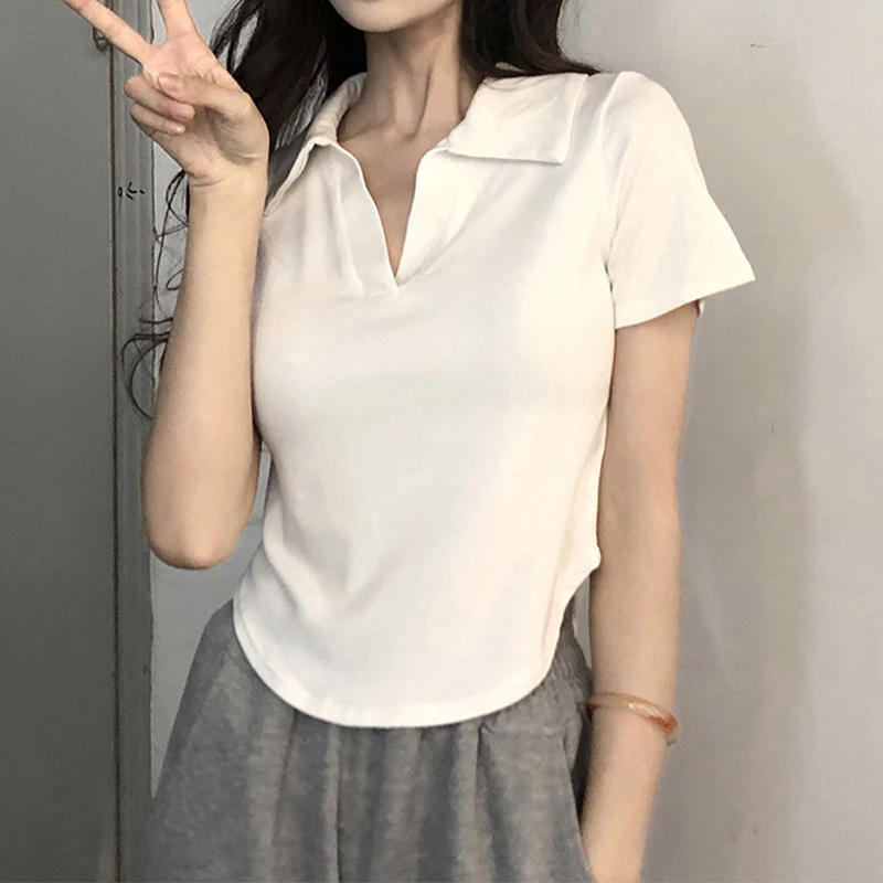 白色polo领正肩短袖T恤女装夏季时尚显瘦修身洋气网红短款睡衣服